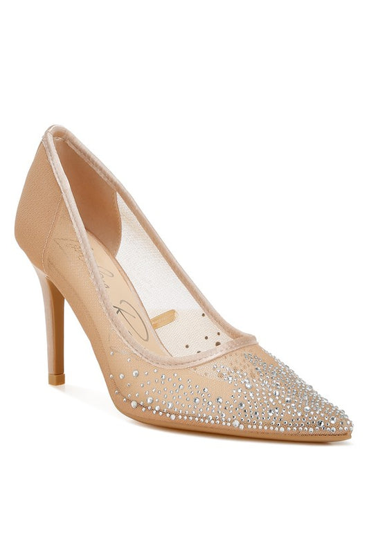 High Ball Mesh Rhinestone Stiletto Pumps