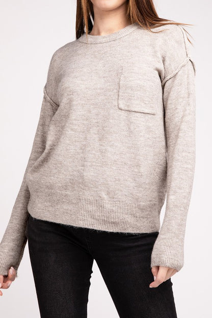 Melange Hi-Low Hem Round Neck Sweater