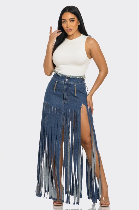 Bohemian Rhapsody Fringe Denim Skirt - Felicia Janell Collection