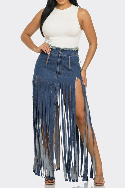 Bohemian Rhapsody Fringe Denim Skirt - Felicia Janell Collection