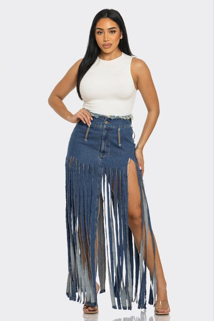 Bohemian Rhapsody Fringe Denim Skirt - Felicia Janell Collection