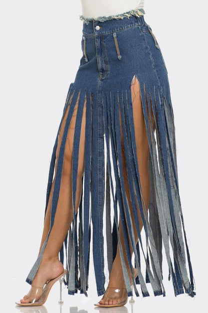 Bohemian Rhapsody Fringe Denim Skirt - Felicia Janell Collection